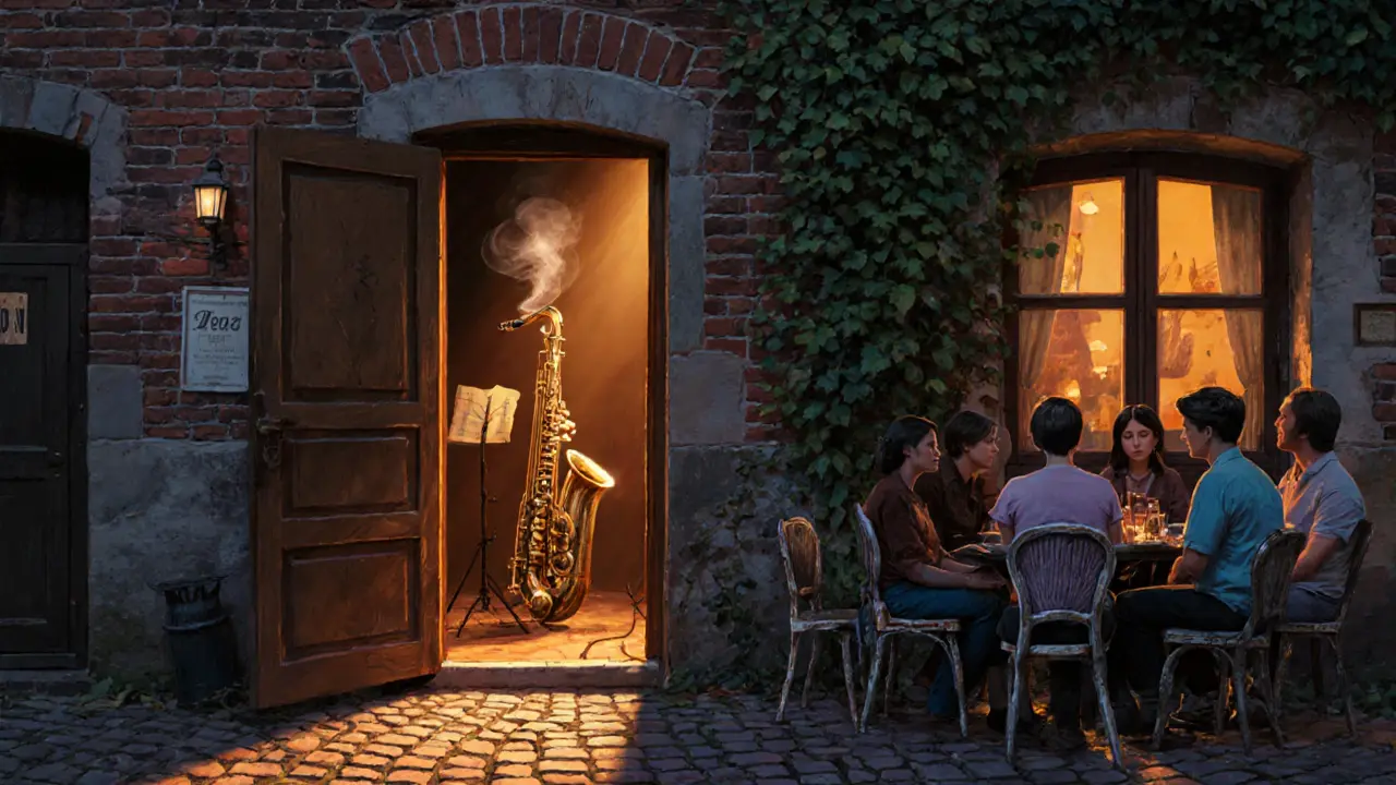 A hidden Neukölln courtyard with a jazz club glowing softly behind a wooden door, ivy-covered walls, and warm evening light.