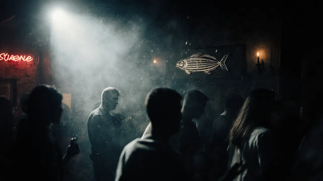 A hidden techno club in a former fishmonger’s warehouse, lit by strobes and candles with silhouetted dancers.