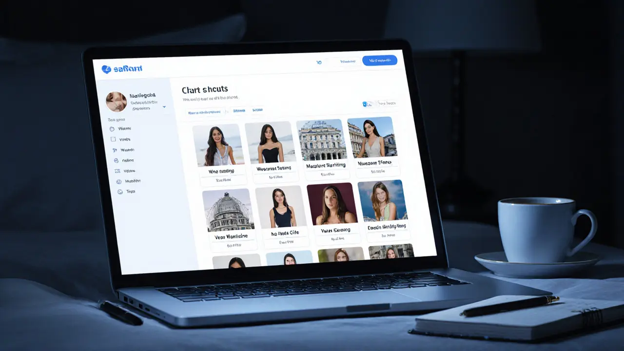 A laptop displays discreet escort profiles listing cultural activities like wine tasting and museum visits, no nudity or explicit content.