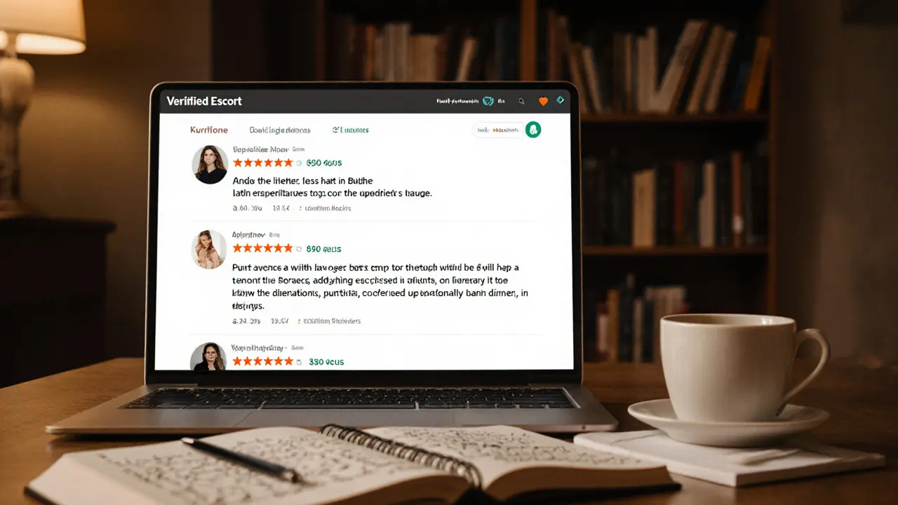 A laptop screen showing detailed client reviews for a Milan escort service, with coffee and notes nearby.