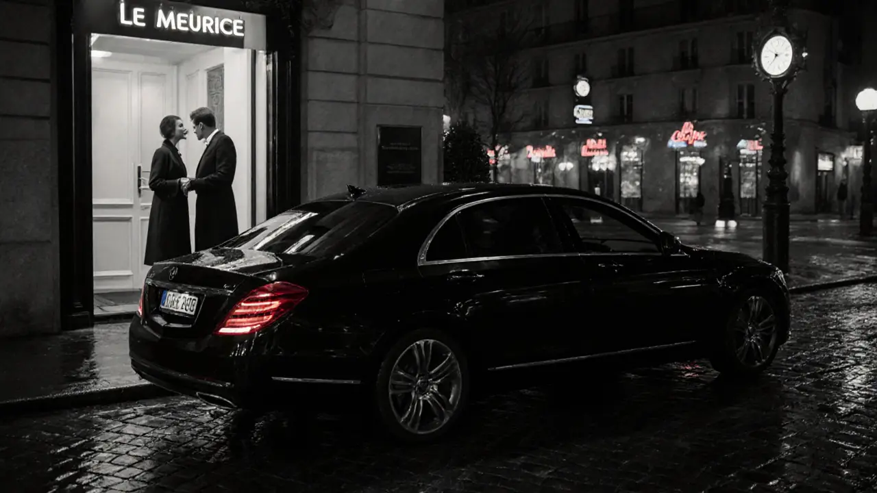 A luxury car outside a five-star hotel at night, a man and woman exchanging a silent nod before entering.