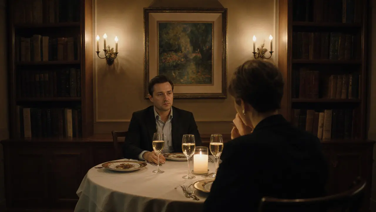 A man and woman share a quiet dinner at The Ivy, engaged in thoughtful conversation under candlelight.