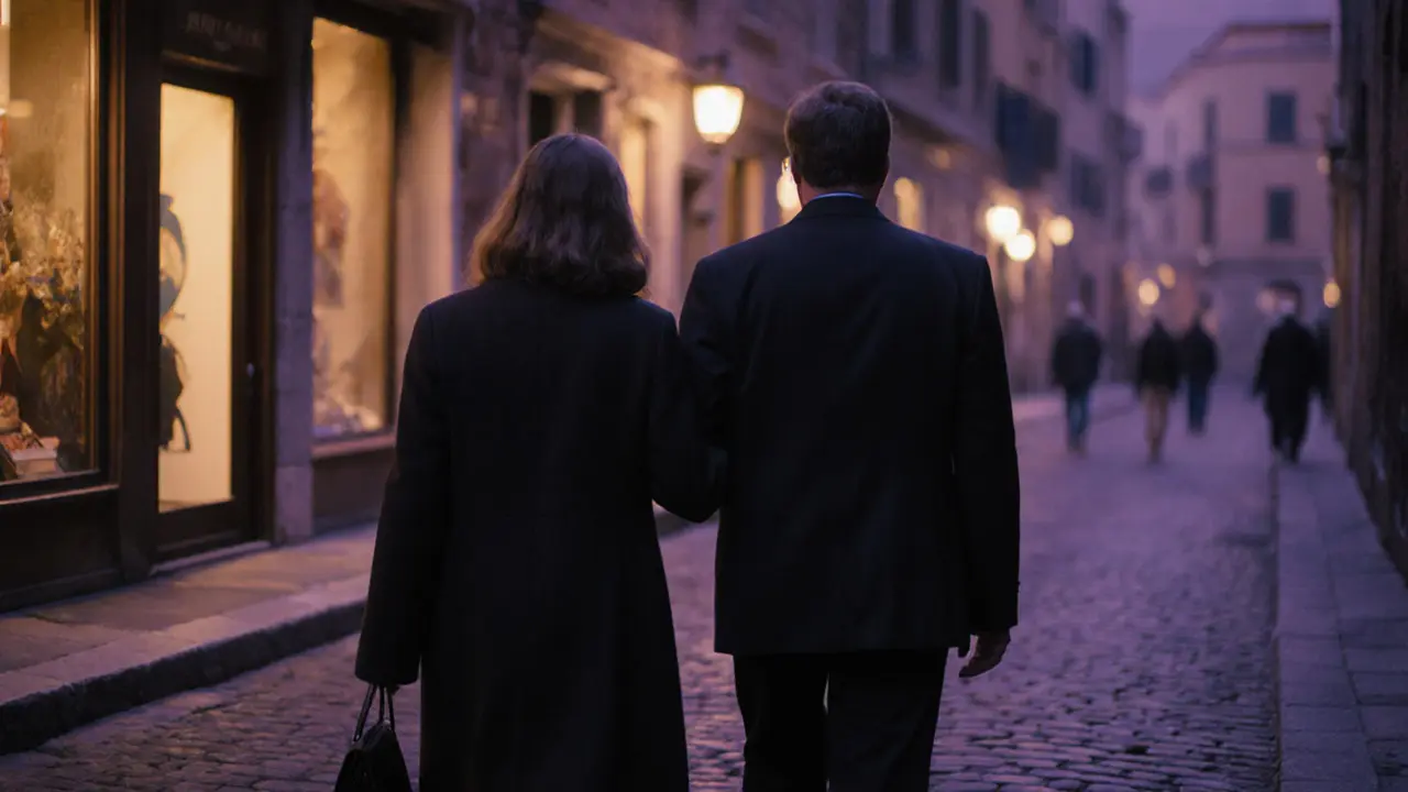 A man and woman walking together in Brera district at sunset, embodying discreet companionship.