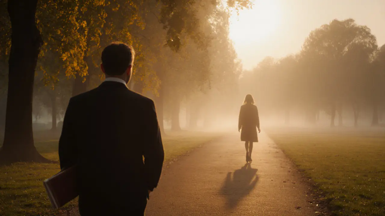 A man walks alone through Hyde Park at sunset, the escort&#039;s presence felt but unseen in the fading light.