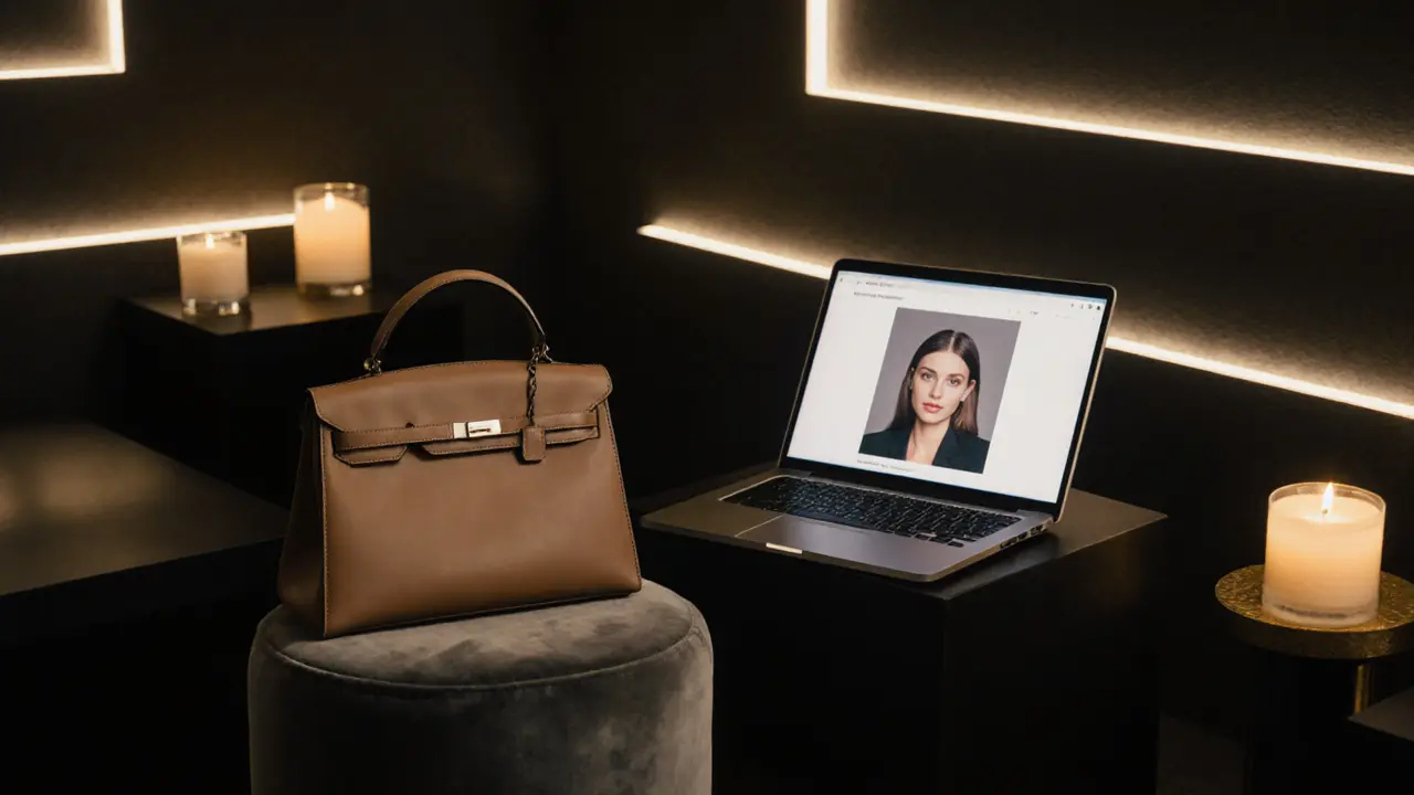 A minimalist luxury apartment interior with a professional portrait, designer accessories, and secure client portal on screen.