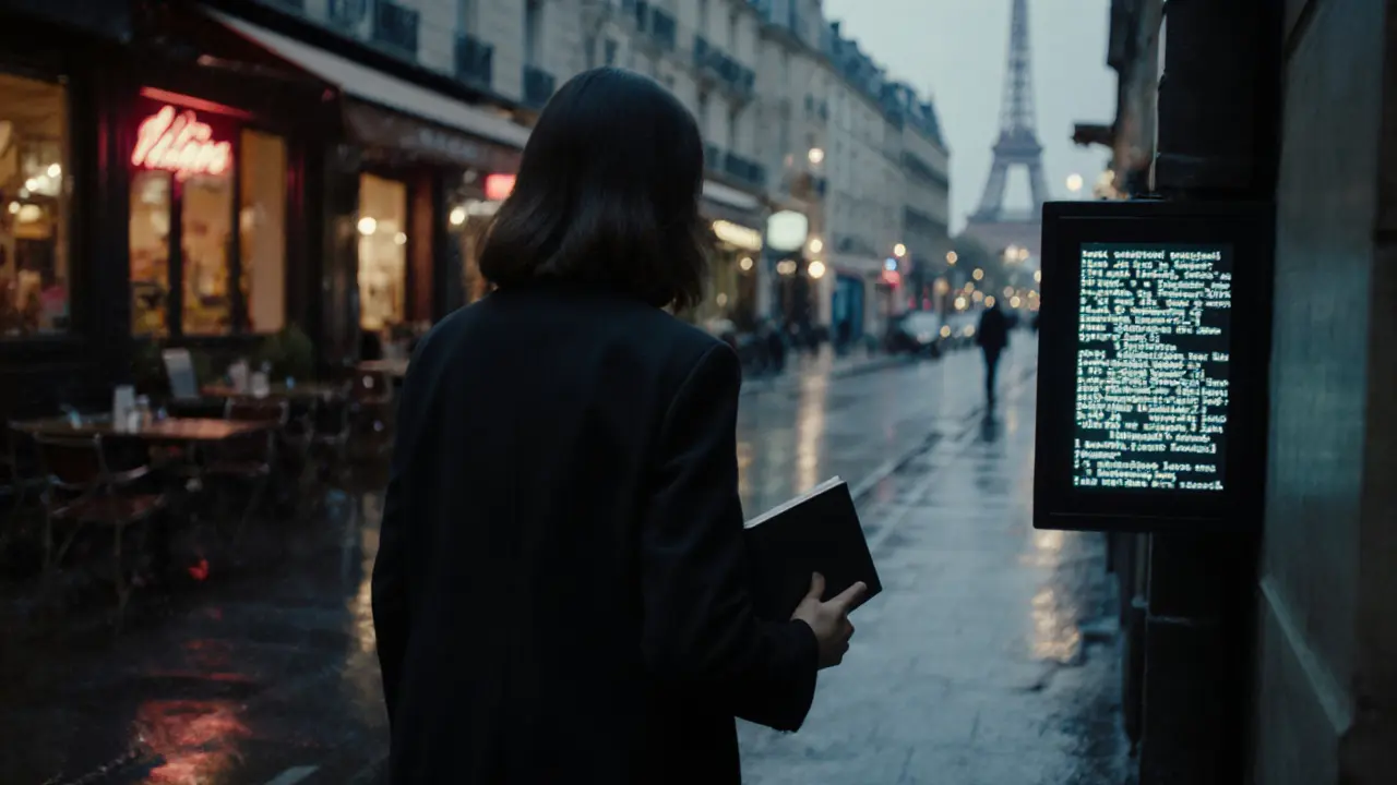 A modern woman in a black coat walks past a Paris café at night, blending into the city’s quiet, discreet atmosphere.