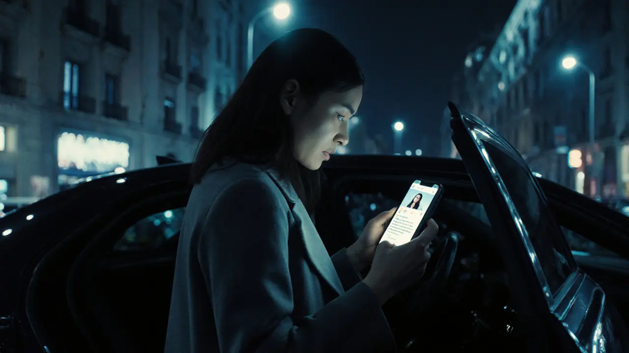 A modern woman steps from a car in Milan at night, glancing at her smartphone under streetlights.