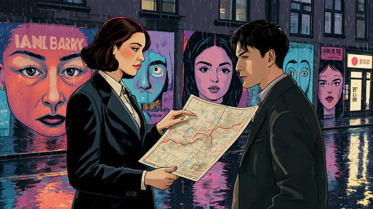 A multilingual guide shows a tourist a hidden jazz bar in Berlin, holding a vintage map amid rain-glistened streets and street art.