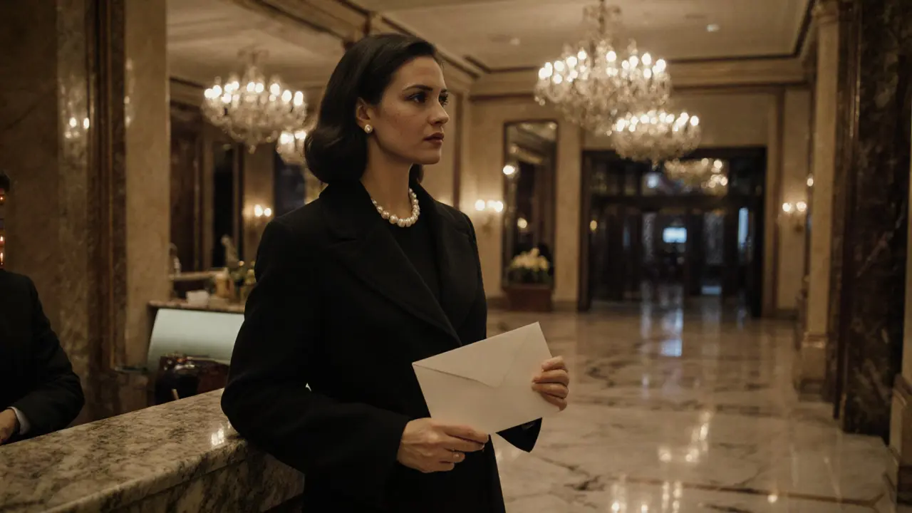 A poised woman waiting calmly in a luxury hotel lobby, holding a discreet envelope, exuding quiet professionalism.