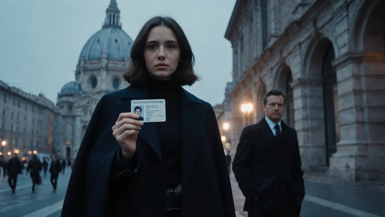 A professional woman in Milan holding her ID and health certificate, with the Duomo visible in the background.