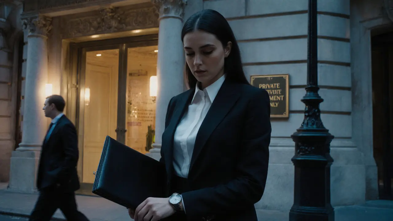A professionally dressed woman outside a luxury London hotel, waiting for a client with calm professionalism.