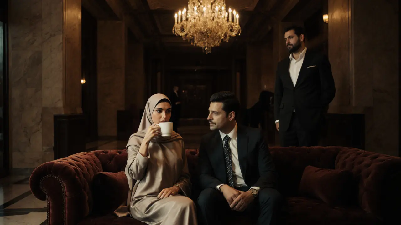 A refined woman and guest sit calmly in the luxurious lobby of Emirates Palace Hotel, sharing a moment of respect.