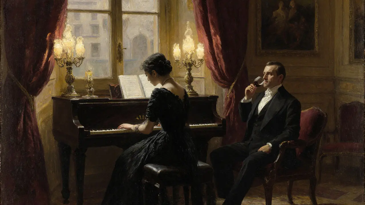 A refined woman plays piano in a 19th-century Milan salon while a gentleman listens quietly.