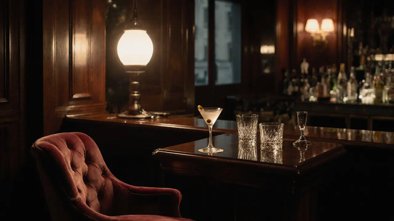 A solitary velvet chair and perfect martini in the quiet, elegant interior of Bar Hemingway.