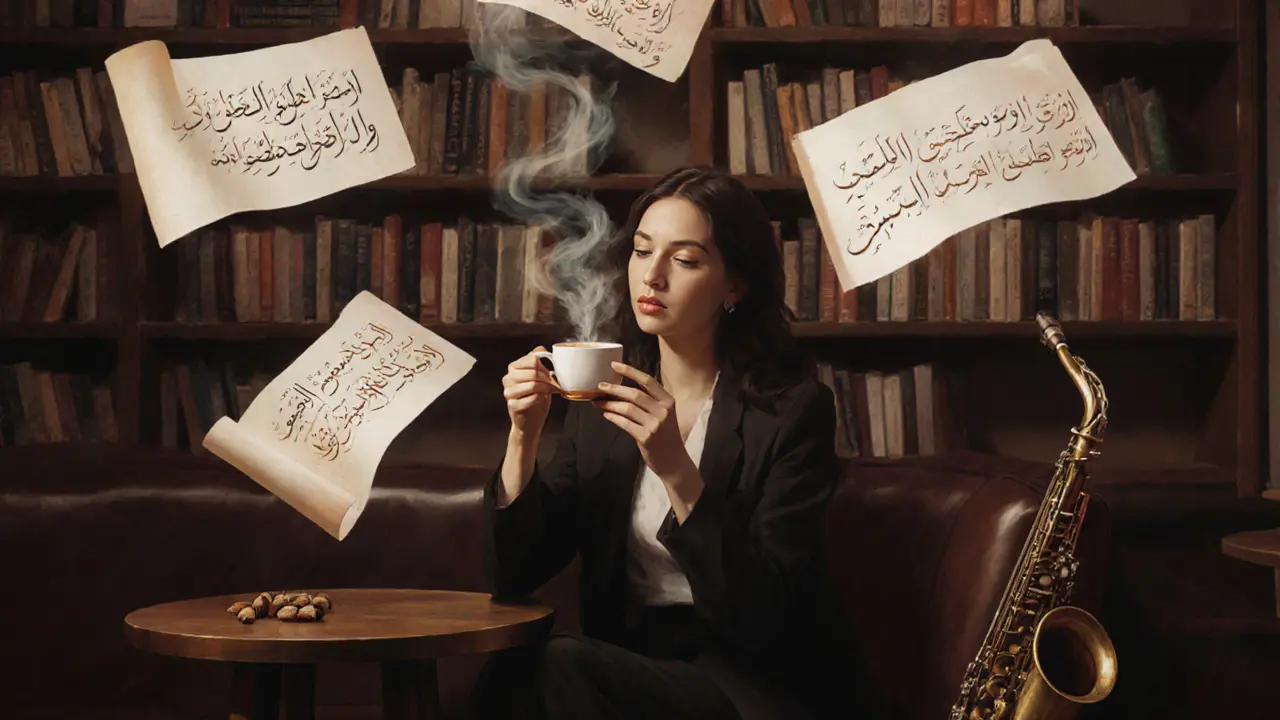 A solitary woman sipping tea in a quiet lounge surrounded by floating Arabic poetry and jazz notes.