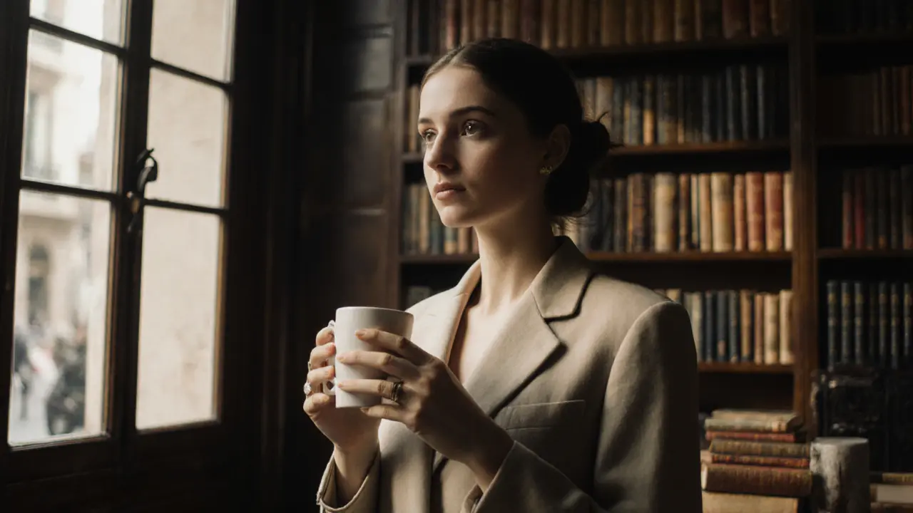 A sophisticated companion in a Parisian bookstore surrounded by vintage books and natural light.