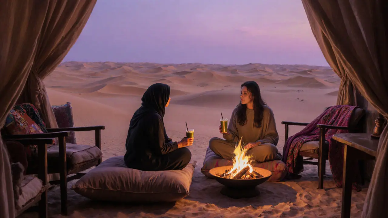 A traveler and companion share dates and smoothies in a desert café as dusk falls over golden dunes.