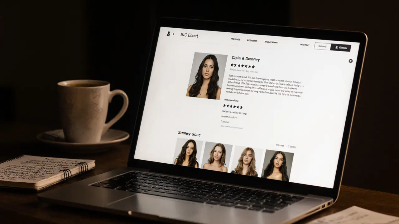 A verified escort profile on a website with real photos, detailed bio, and client reviews displayed on a laptop.