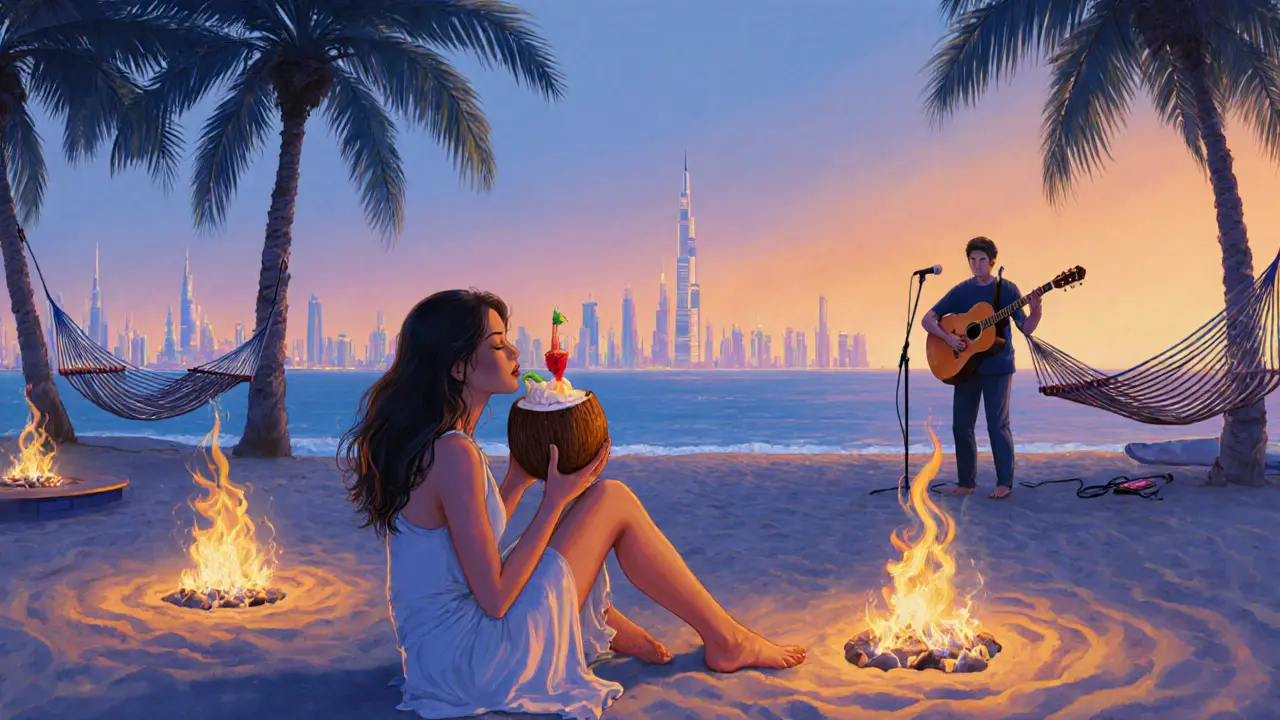 A woman barefoot on a beach terrace sipping a mocktail as fire pits glow and acoustic music plays at sunset.