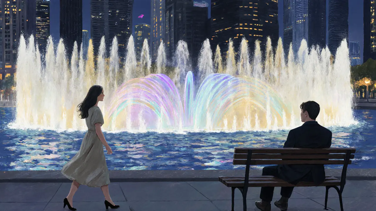 A woman walking near the Dubai Fountain at night, a man sits on a bench watching the water show in peaceful solitude.