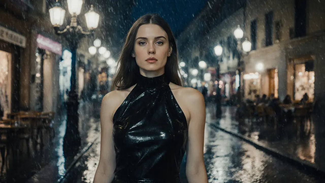 A woman walks confidently through a rainy Milan night, dressed in a simple black dress.