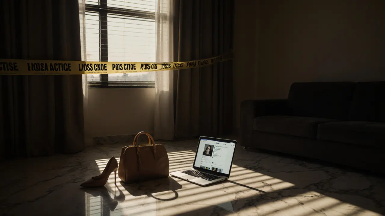 An abandoned luxury apartment at dawn with a designer handbag and shoe on the floor, sunlight casting stripes through blinds.