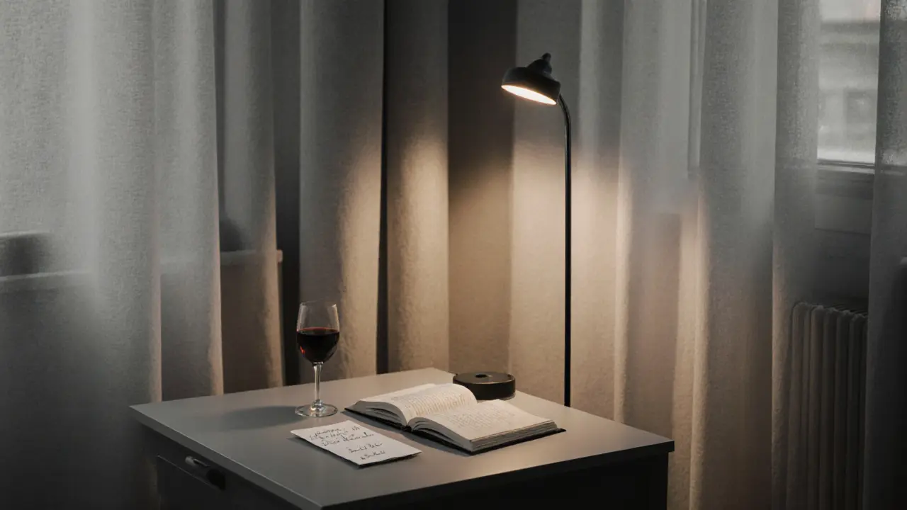 An empty Milan apartment with a handwritten note and wine glass at dusk.