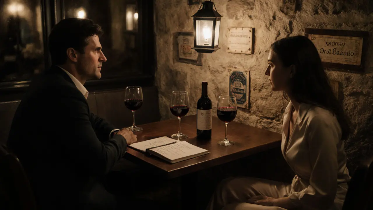 An intimate wine tasting in Monaco-Ville at night, with three glasses of red wine and two people conversing softly.