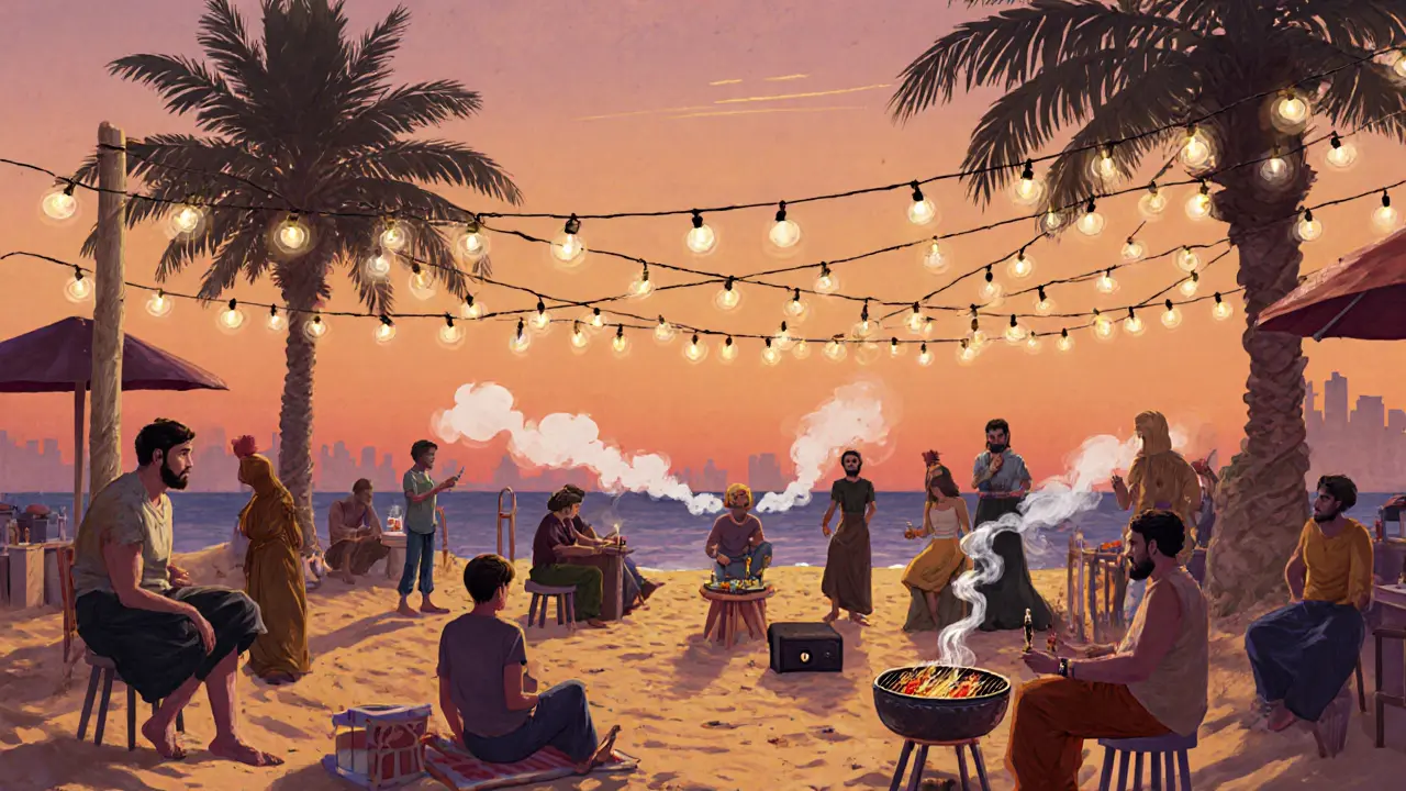Beach party at Al Qasr with string lights, shisha smoke, and DJ spinning music under dusk sky.