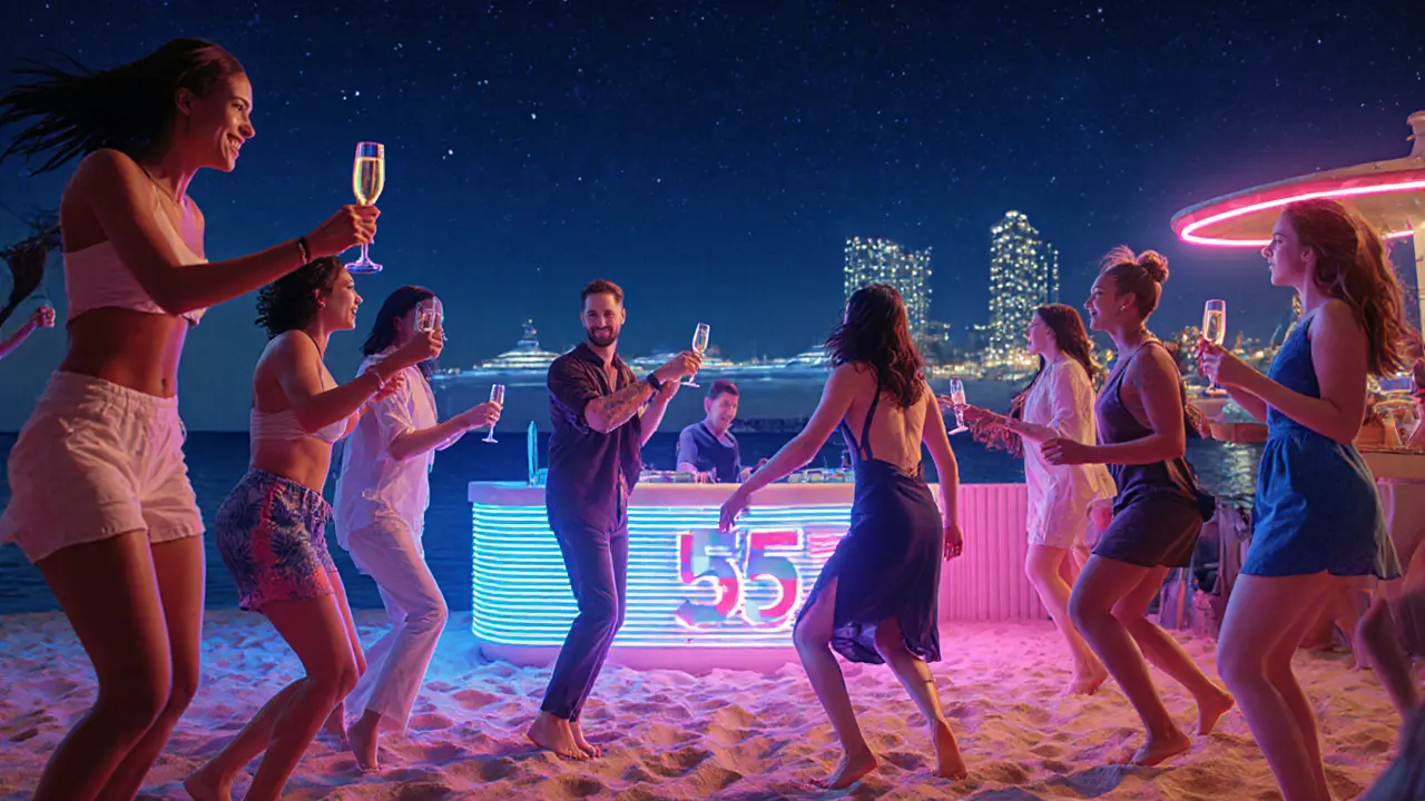 Beach party at Club 55 with people dancing under stars and yachts in the background.