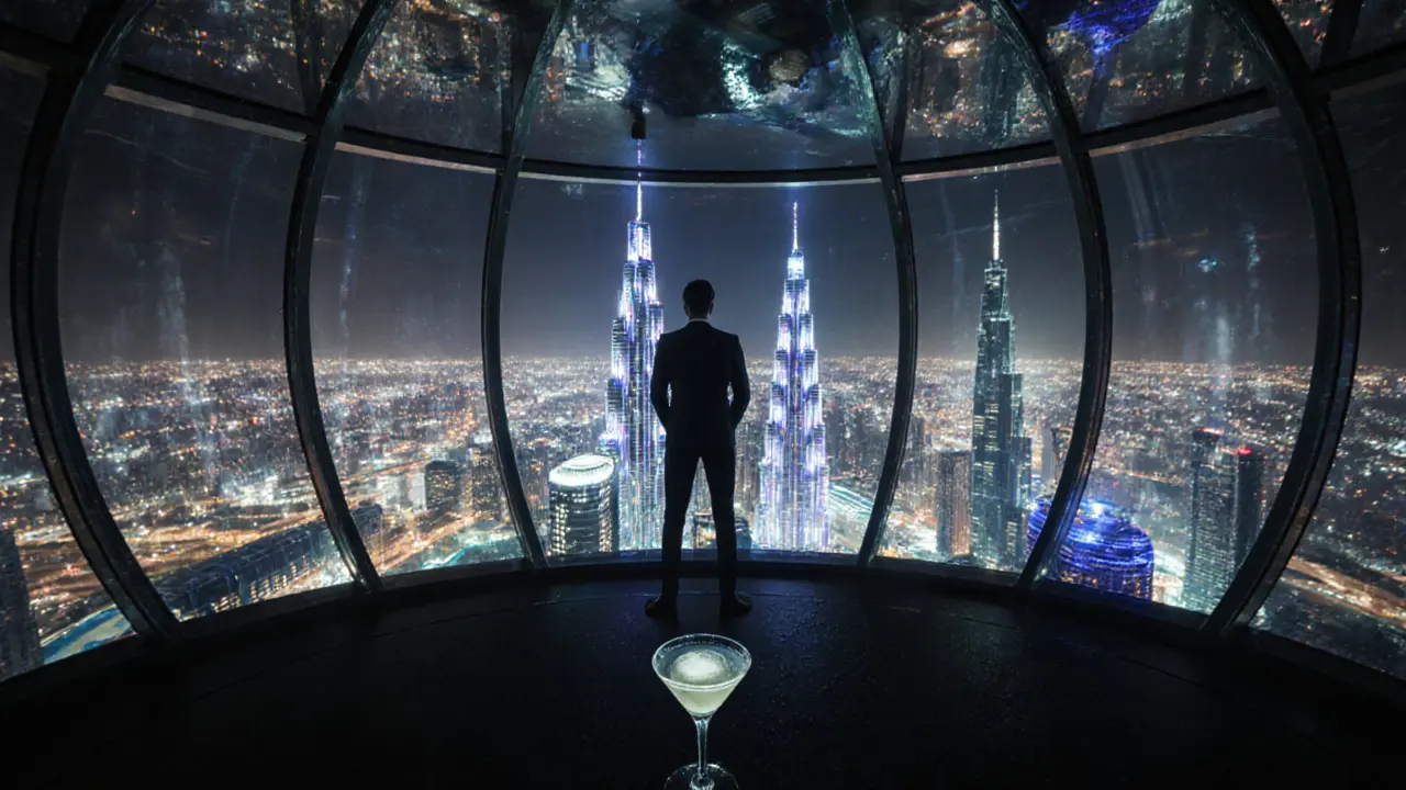 Circular bar at The Observatory with symmetrical reflection of Dubai’s glowing skyline.