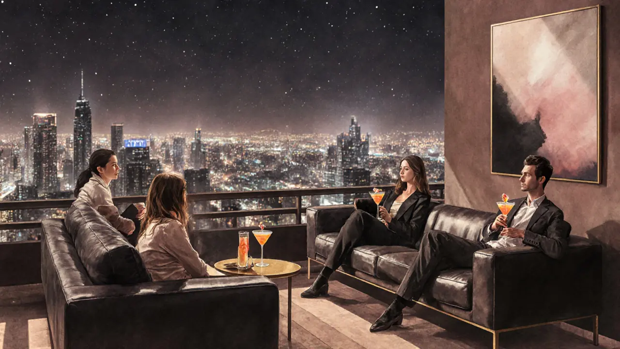 Couples and friends relaxing at Skyview Bar with warm lighting and Dubai city lights glowing in the background.