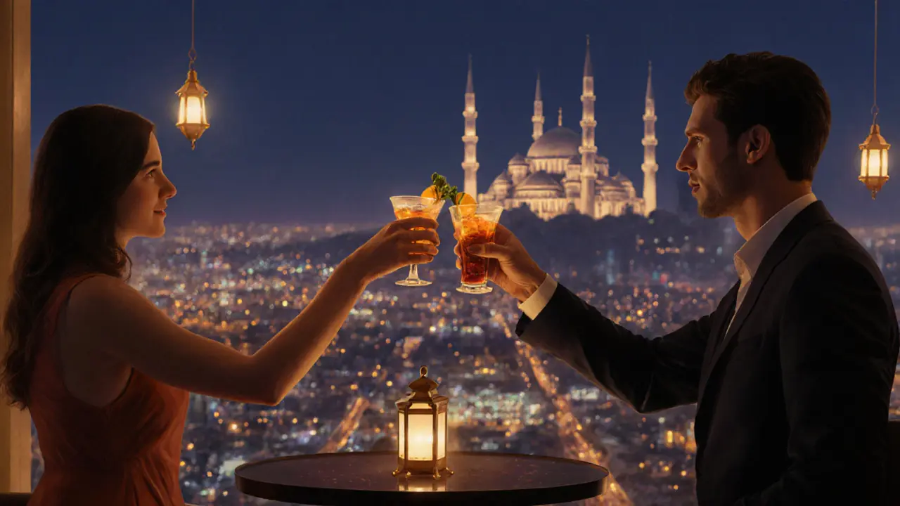 Couples enjoying cocktails at a rooftop bar with the Grand Mosque glowing in the distance.