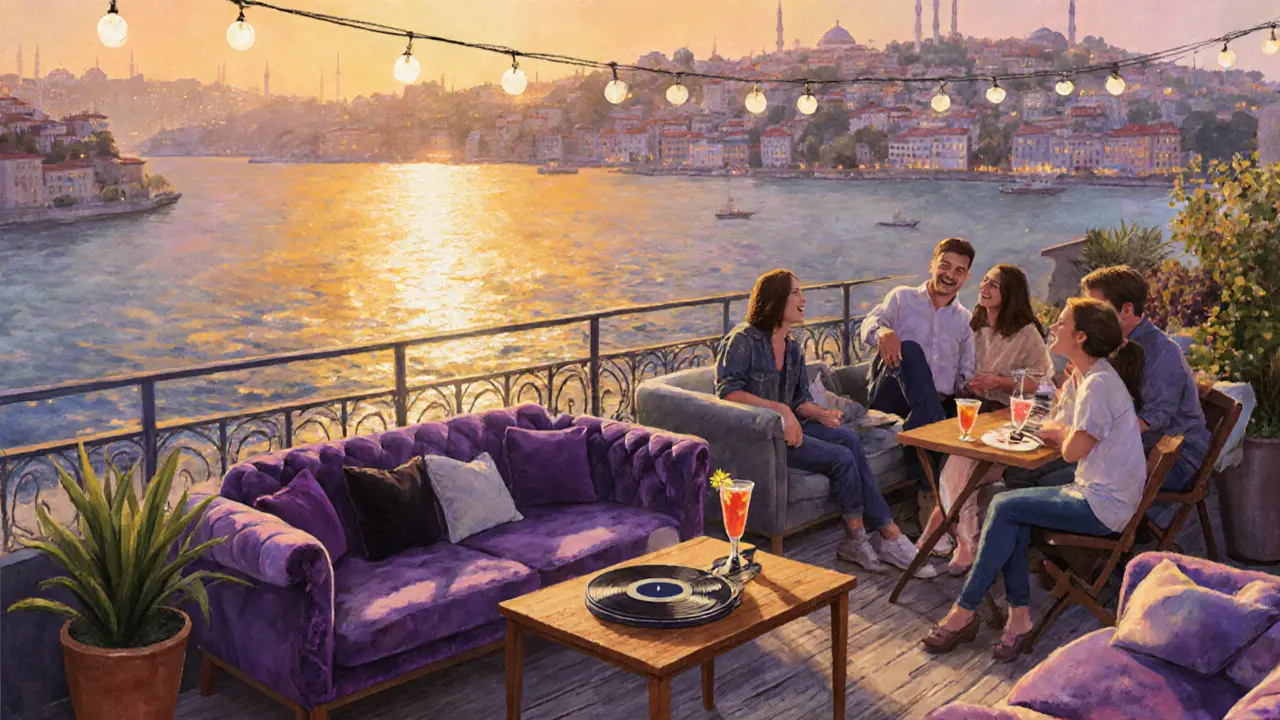 Cozy rooftop bar at sunset with mismatched couches, craft cocktails, and golden view of the Golden Horn.
