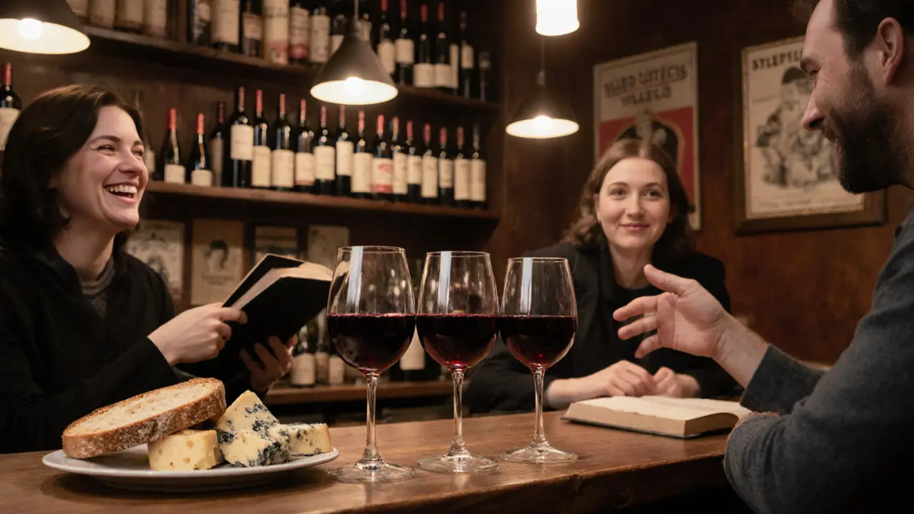 Cozy wine bar with three glasses of wine and cheese on wooden counter, warm lighting.