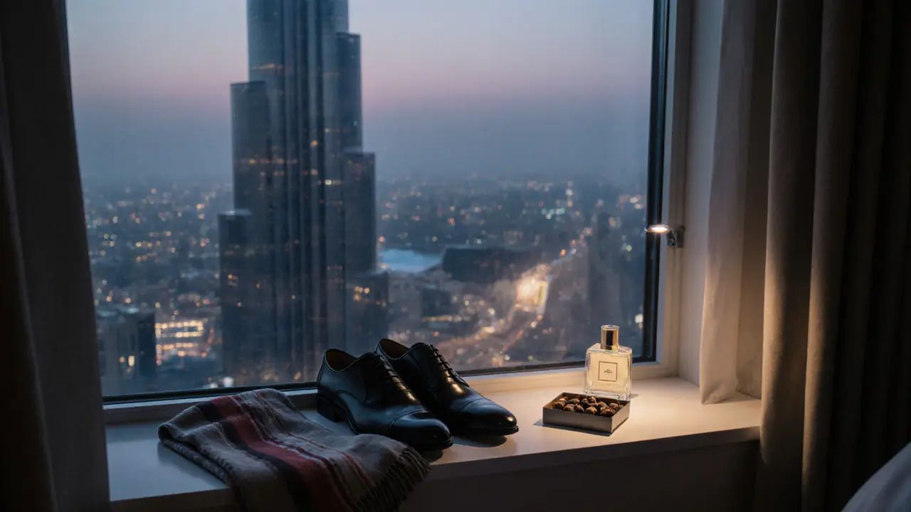 Dress shoes and a scarf on a hotel windowsill with a perfume bottle and chocolates, overlooking the Burj Khalifa at twilight.