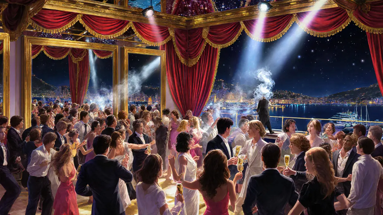 Elegant crowd dancing in a gold-and-velvet nightclub under glowing disco lights.