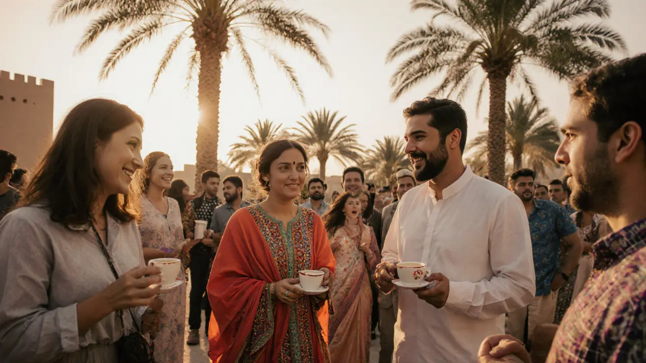 Expats enjoying cultural activities at Abu Dhabi Heritage Village, laughing and exploring traditional crafts in sunlight.