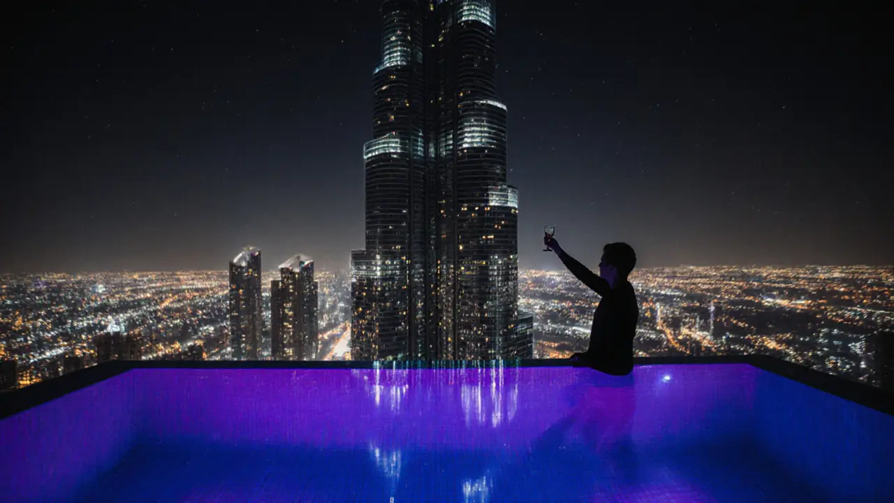 Glass-bottom pool at Skyview Bar reflecting the city lights with a silhouette raising a glass.