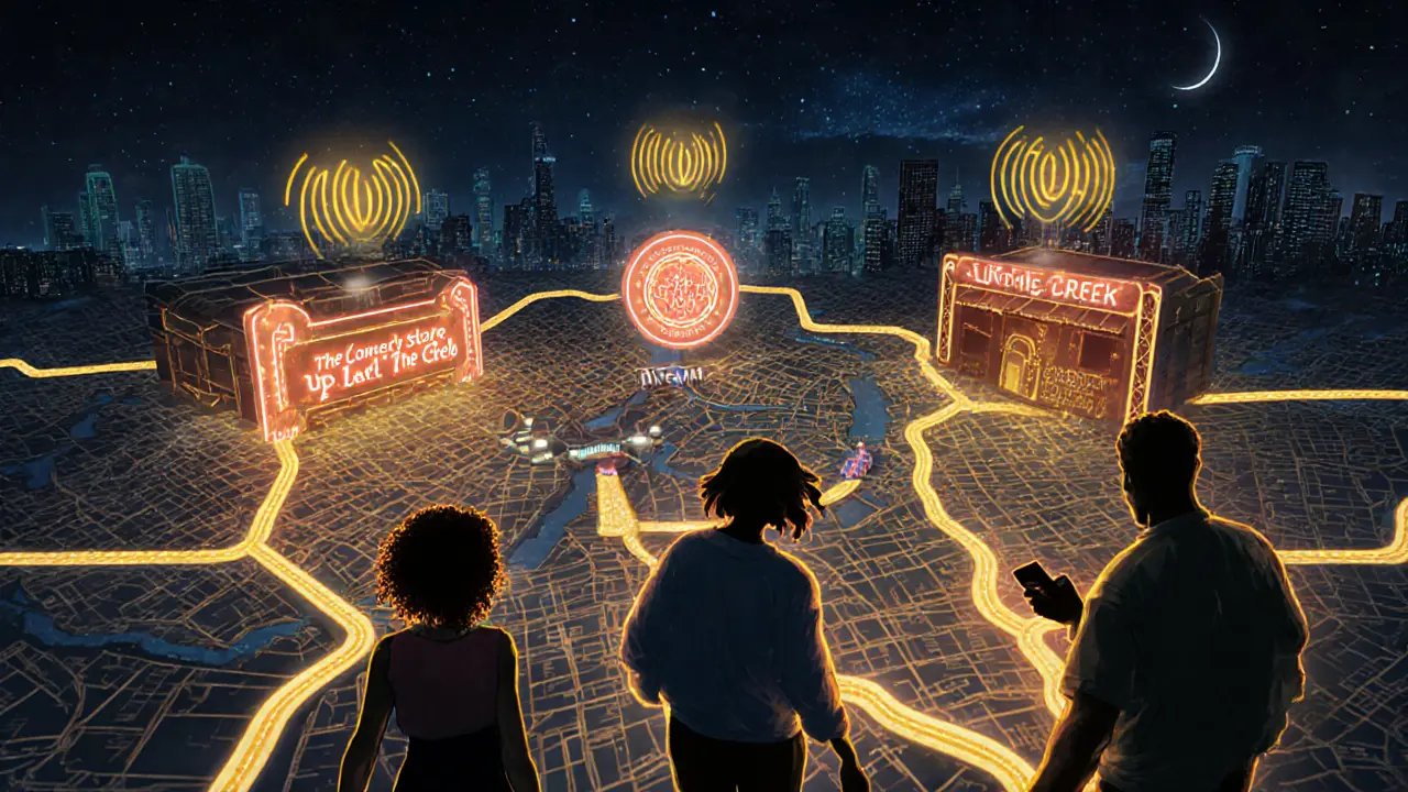 Glowing map of London linking comedy venues with golden laughter waves rising at night.