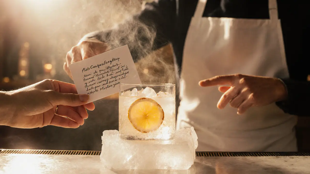 Guest receiving a colorful cocktail on a salt block with a handwritten card, chef explaining its inspiration in a softly lit bar.