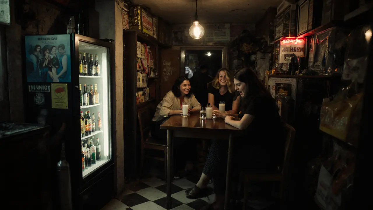 Hidden bar behind a grocery store with one table, flickering bulb, and locals laughing over local beer.