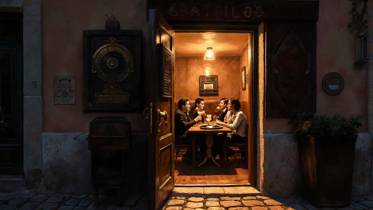 Hidden speakeasy bar La Perle with warm light spilling from a door, vintage turntable visible inside.