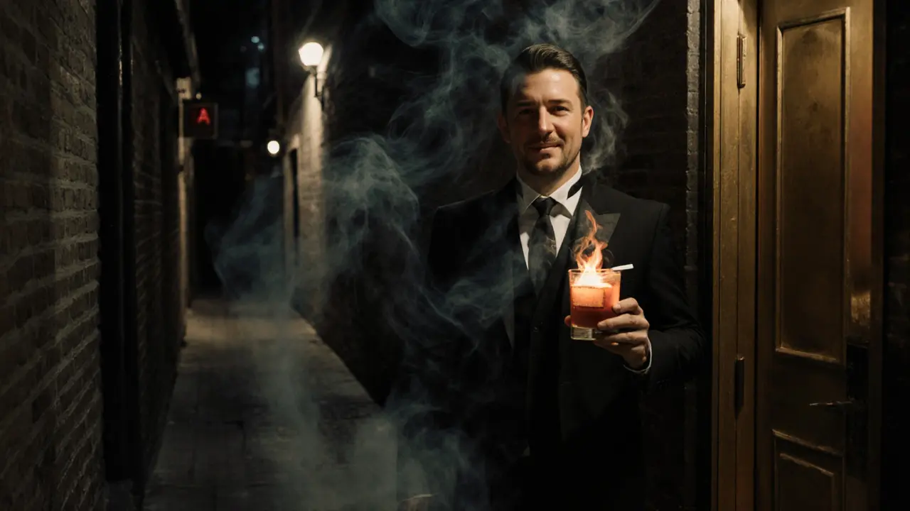Hidden speakeasy entrance at night with a host and a smoky cocktail, evoking 1920s jazz-era charm in dim alleyway lighting.