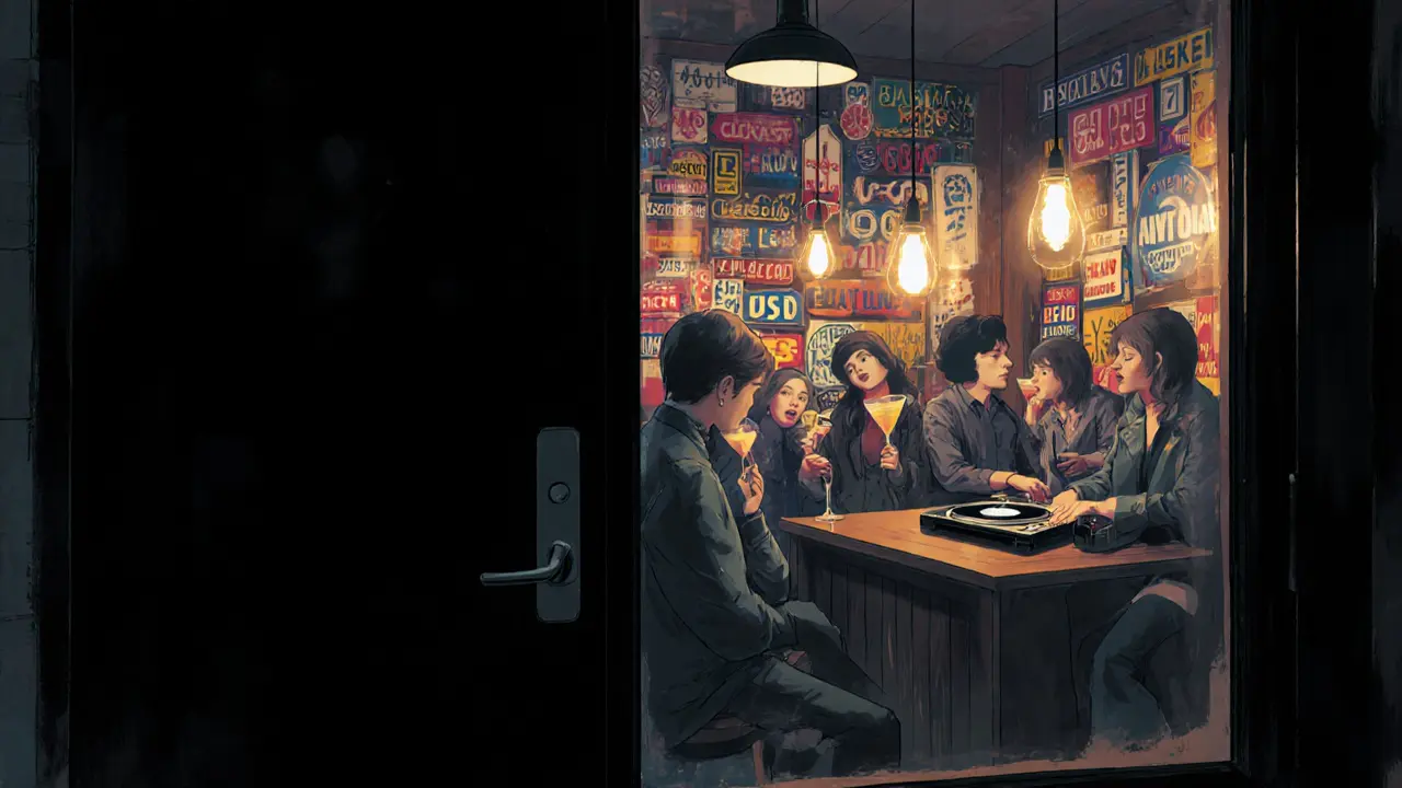 Hidden speakeasy entrance with glowing interior and eclectic art inside.