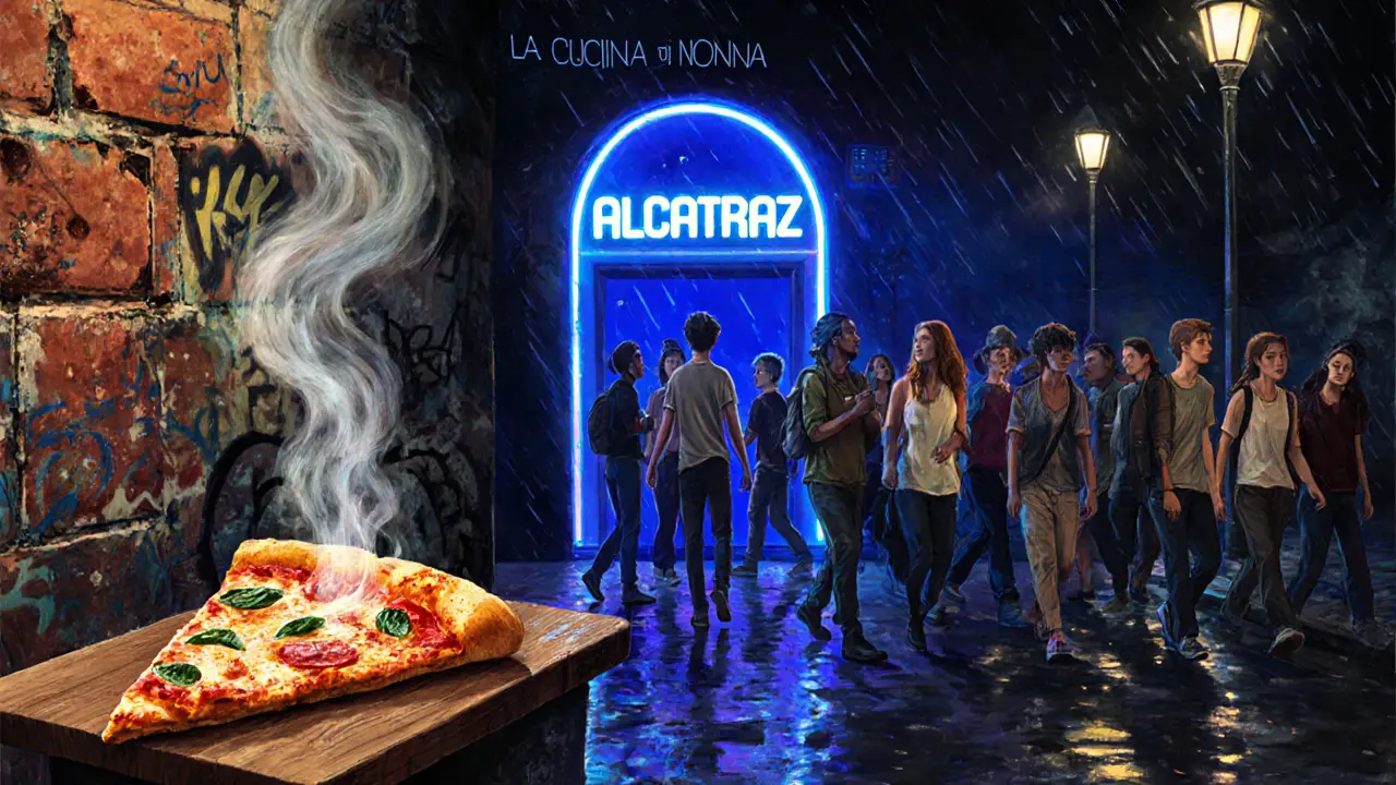 Late-night pizza and glowing club entrance in Porta Ticinese, Milan