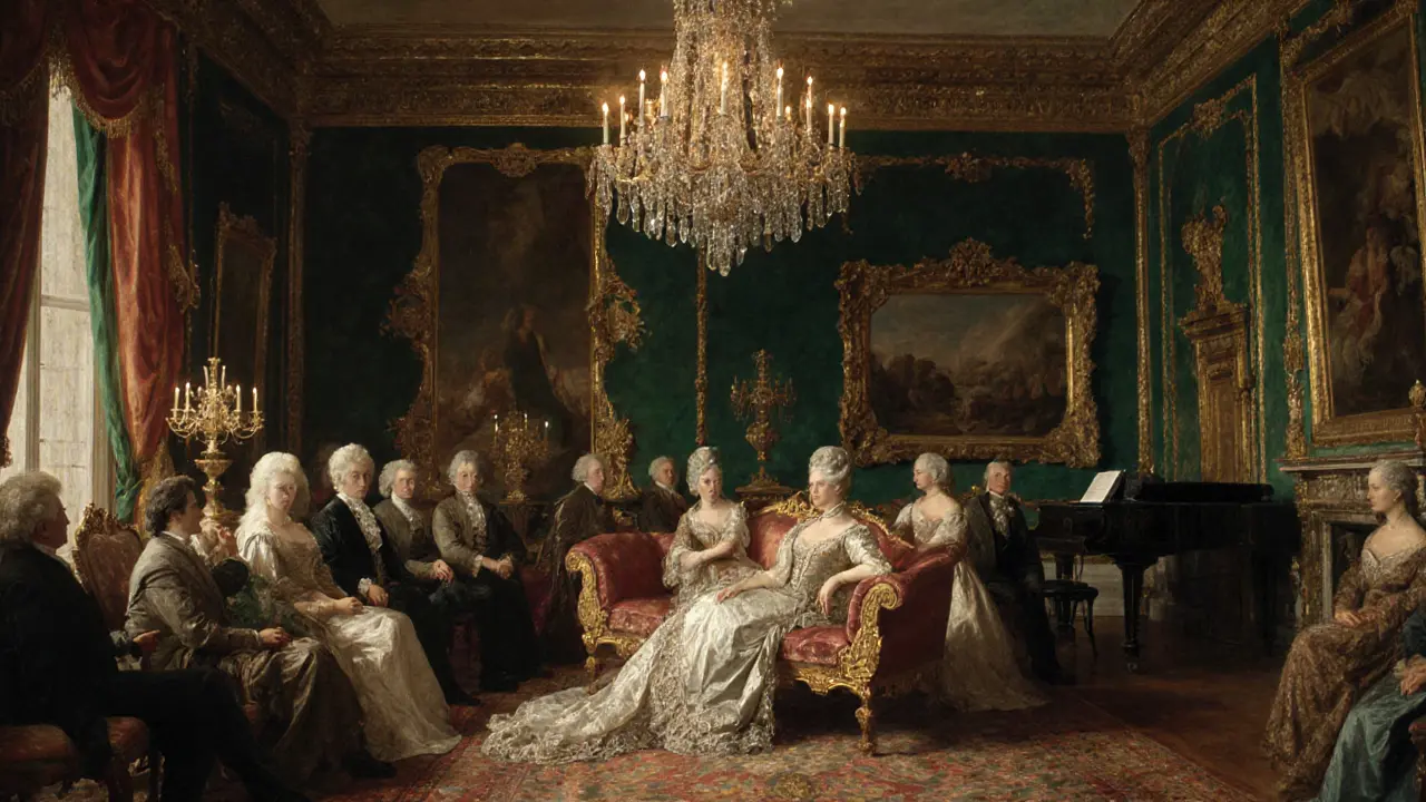 Madame de Pompadour hosts intellectuals in a lavish 18th-century Parisian salon filled with art and gilded furniture.
