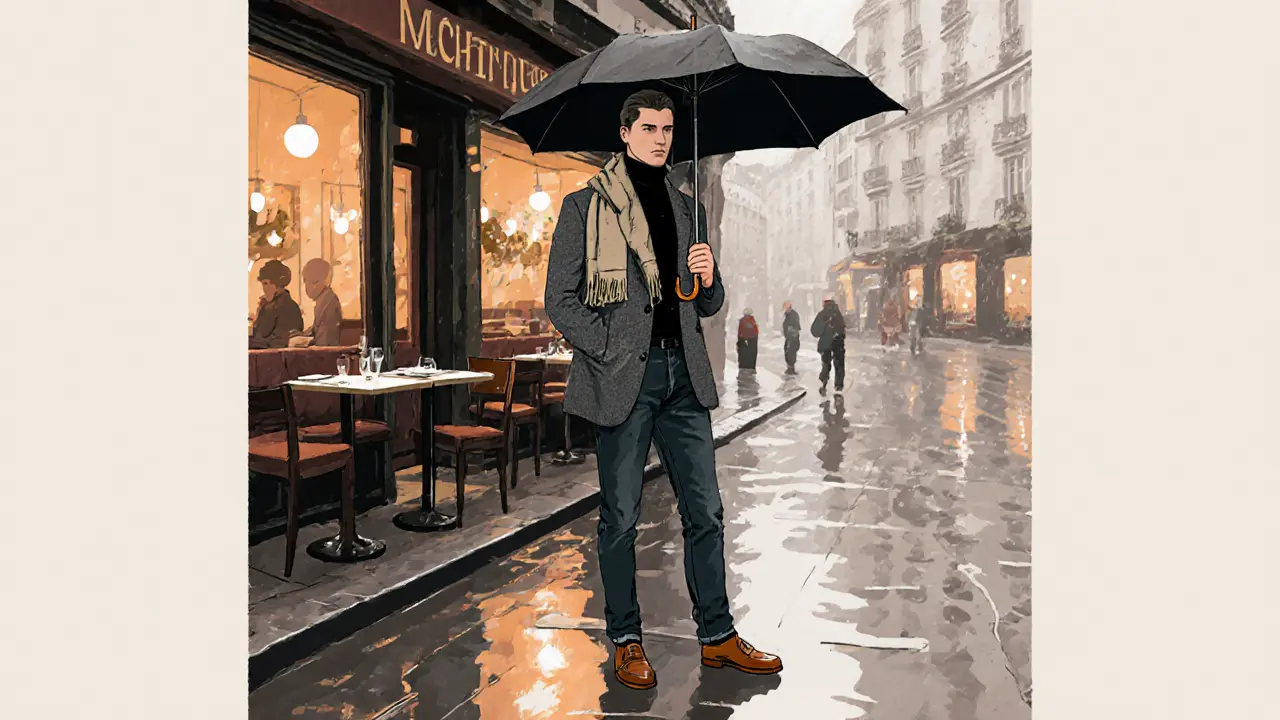 Man in dark jeans, black turtleneck, and wool blazer standing outside a Paris bistro with loafers.