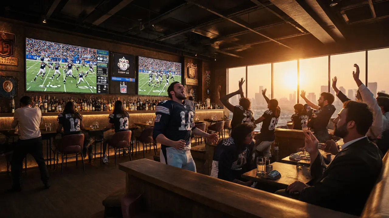 NFL fans dancing with former player at 1919 Sports Bar surrounded by large screens and memorabilia.