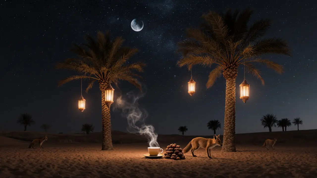 Peaceful oasis under starry skies with lanterns, tea, and desert wildlife in the shadows.